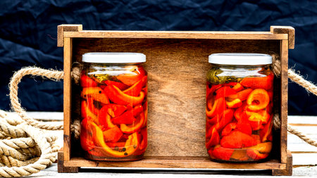 Wooden crate with glass jars with pickled red bell peppers.Preserved food concept, canned vegetables isolated in a rustic composition.の写真素材