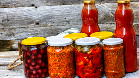 Jars with variety of canned vegetables and fruits, jars with zacusca and bottles with tomatoes sauce. Preserved food concept in a rustic composition.の写真素材
