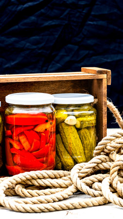 Wooden crate with glass jars with pickled red bell peppers and pickled cucumbers (pickles) isolated. Jars with variety of pickled vegetables. Preserved food concept in a rustic composition.の写真素材