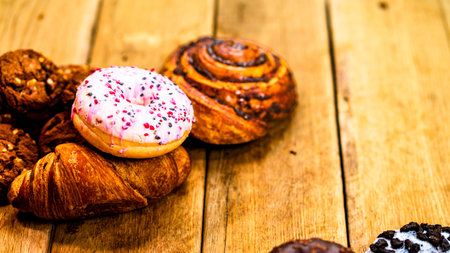 Colorful donuts on wooden table. Sweet icing sugar food with glazed sprinkles, doughnut with chocolate frosting. Top view with copy spaceの写真素材