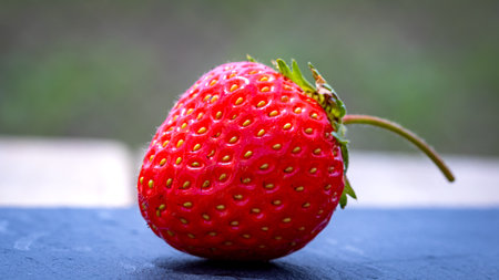 Close up of fresh strawberry showing seeds achenes. Details of a fresh ripe red strawberry.の写真素材