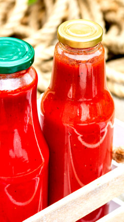 Bottles of tomato sauce, preserved canned pickled food concept isolated in a rustic composition.の写真素材