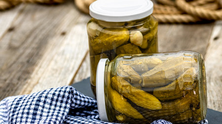 Glass jars with pickled red bell peppers and pickled cucumbers (pickles) isolated. Jars with variety of pickled vegetables. Preserved food concept in a rustic composition.の写真素材
