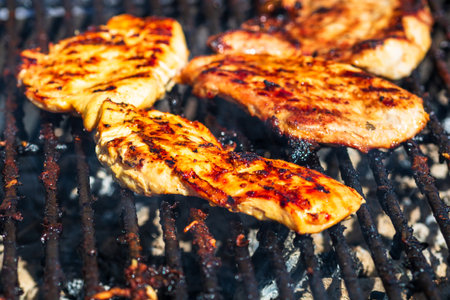 Chicken and pork steak grilled on a charcoal barbeque. Top view of camping tasty barbecue, food concept, food on grill and detail of food on the grillの写真素材