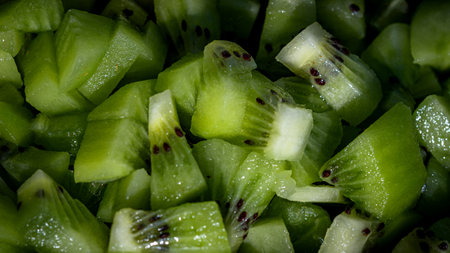 Ripe kiwi fruit. Detail of chopped exotic kiwi fruits used for dessertsの写真素材