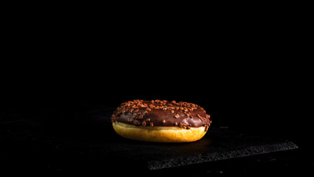 Chocolate glazed donut with chocolate chips isolated. Close up of delicious donut.の写真素材