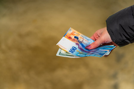 Mix of world currency banknotes: USD, EURO, CHF, LEIの写真素材