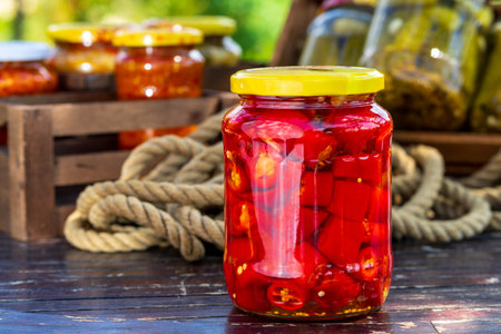 Canned hot peppers in vinegar. Pickled hot peppersの写真素材