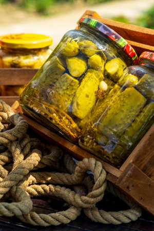 Canned cucumber in vinegar. Pickled cucumberの写真素材