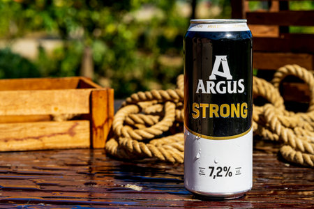 Argus beer can - condensation water droplets, outdoors backgroundのeditorial素材