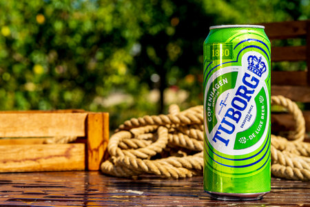 Tuborg beer can - condensation water droplets, outdoors backgroundのeditorial素材