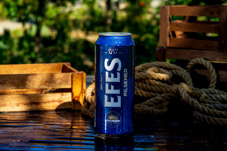 Efes beer can - condensation water droplets, outdoors backgroundのeditorial素材