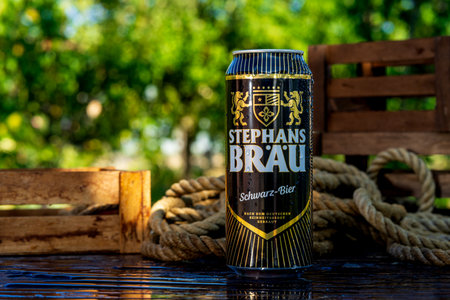 Stephans Brau beer can - condensation water droplets, outdoors backgroundのeditorial素材