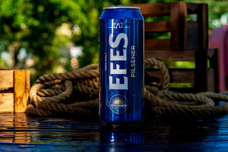 Efes beer can - condensation water droplets, outdoors backgroundのeditorial素材