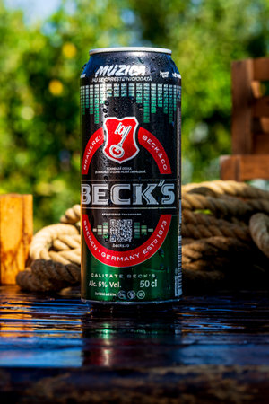 Beck's beer can - condensation water droplets, outdoors backgroundのeditorial素材