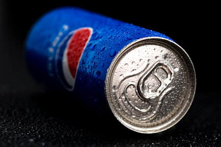 Editorial photo of Pepsi can with water droplets on black background. Studio shot in Bucharest, Romania, 2021のeditorial素材