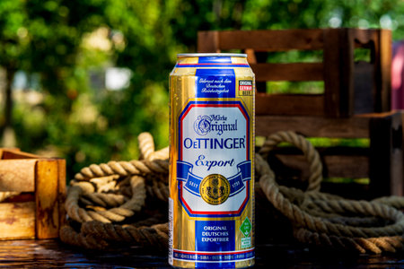 Oettinger beer can - condensation water droplets, outdoors backgroundのeditorial素材