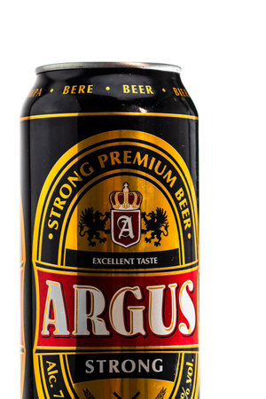 Argus Premium Lager beer. Lild supermarket own brand beer. Studio photo shoot in Bucharest, Romania, 2020のeditorial素材