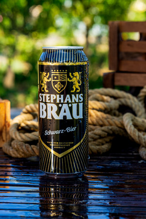 Stephans Brau beer can - condensation water droplets, outdoors backgroundのeditorial素材
