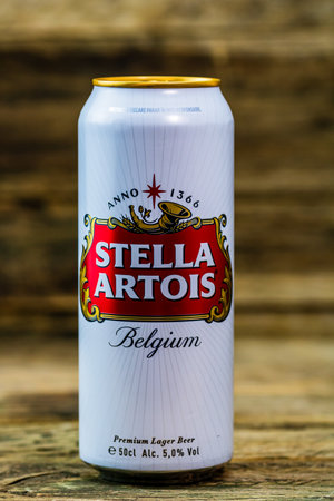 Great Belgium beer - Stella Artois. Belgium Premium Lager beer can. Studio photo shoot in Bucharest, Romania, 2020のeditorial素材