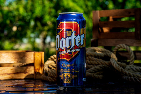 Dorfer beer can - condensation water droplets, outdoors backgroundのeditorial素材