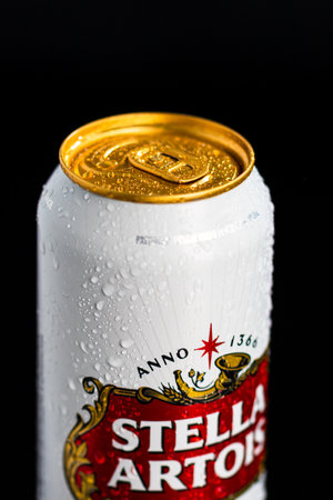 Condensation water droplets on Stella Artois beer can isolated on black. Bucharest, Romania, 2020のeditorial素材