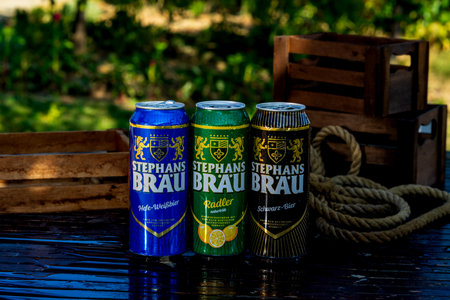 Stephans Brau beer can - condensation water droplets, outdoors backgroundのeditorial素材