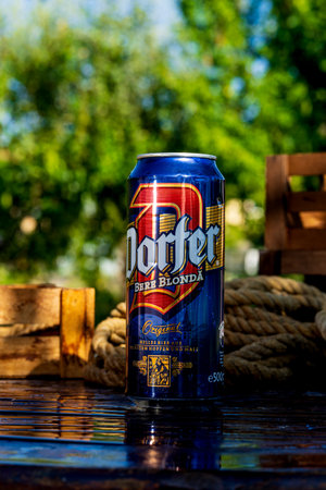 Dorfer beer can - condensation water droplets, outdoors backgroundのeditorial素材