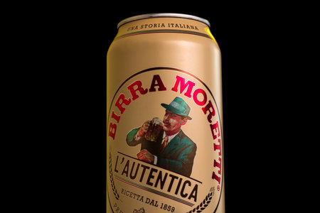 Birra Moretti, a premium lager beer produced by Italian brewing company now owned by Heineken International. Studio photo shoot in Bucharest, Romania, 2021のeditorial素材