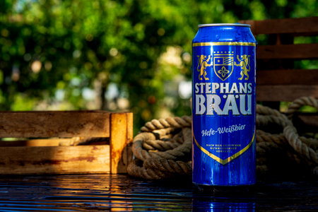 Stephans Brau beer can - condensation water droplets, outdoors backgroundのeditorial素材