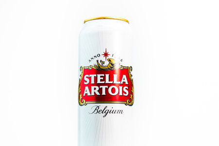 Great Belgium beer - Stella Artois. Belgium Premium Lager beer can. Studio photo shoot in Bucharest, Romania, 2020のeditorial素材