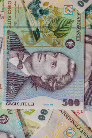 500 LEI banknote details - Romanian money, inflation and economy concept
