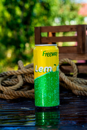 Freeway lemon can - condensation water droplets, outdoors backgroundのeditorial素材