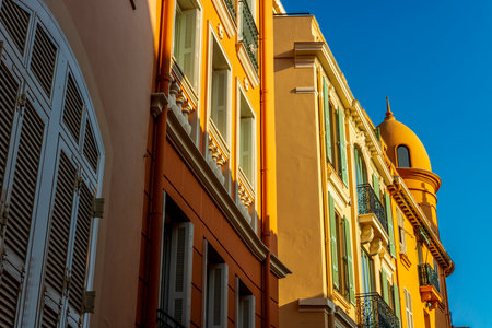 House facades of luxury apartment buildings in Monte Carlo, Monaco, Cote d'Azur on the French Rivieraの写真素材