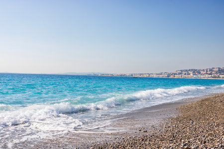 View of the beach in Nice, France, near the Promenade des Anglaisの写真素材
