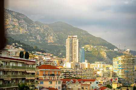 House facades of luxury apartment buildings in Monte Carlo, Monaco, Cote d'Azur on the French Rivieraの写真素材