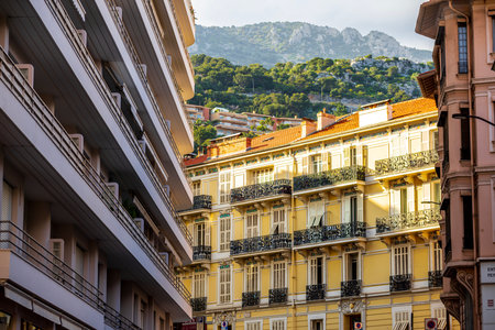 House facades of luxury apartment buildings in Monte Carlo, Monaco, Cote d'Azur on the French Rivieraの写真素材