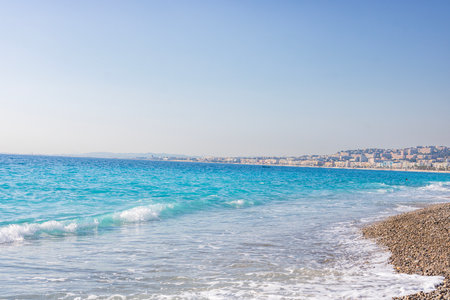 View of the beach in Nice, France, near the Promenade des Anglaisの写真素材