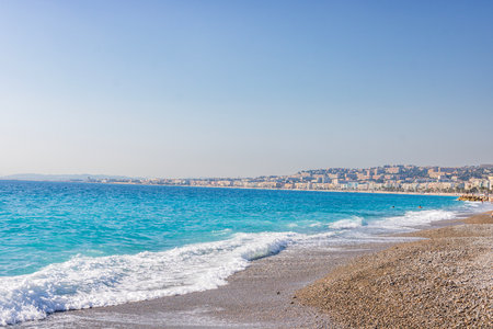 View of the beach in Nice, France, near the Promenade des Anglaisの写真素材