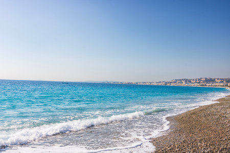 View of the beach in Nice, France, near the Promenade des Anglaisの写真素材