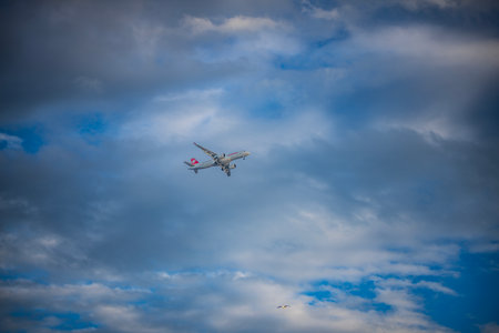 Airplane landing in Nice, Franceの写真素材