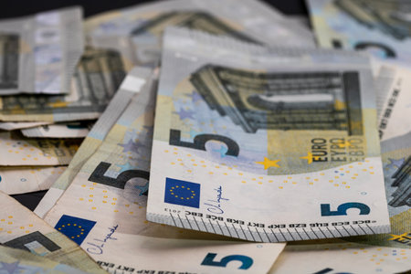 5 EURO banknotes. EUR money background representing savings, income, or investmentの写真素材