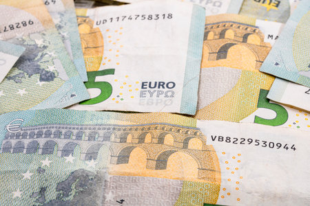 5 EURO banknotes. EUR money background representing savings, income, or investmentの写真素材