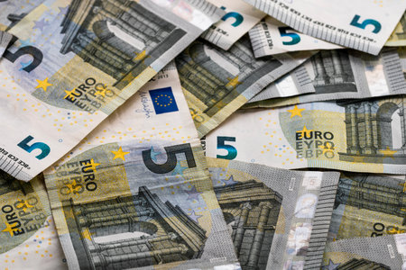 5 EURO banknotes. EUR money background representing savings, income, or investmentの写真素材