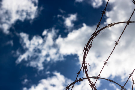 Barbed wire protection fence. Concept photo for security and lack of freedom backgroundの写真素材