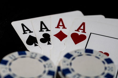 Casino chips and cards on the table. Poker gambling conceptの写真素材