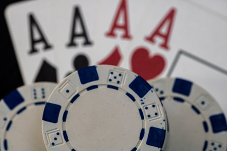 Casino chips and cards on the table. Poker gambling concept