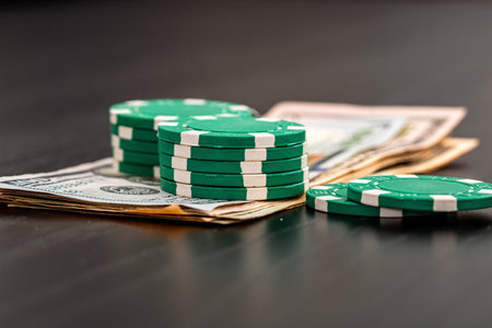 Stacks of poker chips with money on black background, US Dollar currencyの写真素材