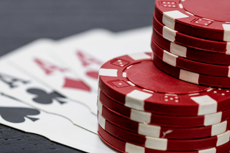 Casino chips and cards on the table. Poker gambling conceptの写真素材