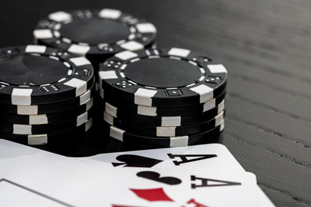 Casino chips and cards on the table. Poker gambling conceptの写真素材